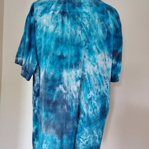 Painted tie dyed short sleeve linen Shirt beach white blue medium large XL navy - Picture 7 of 12